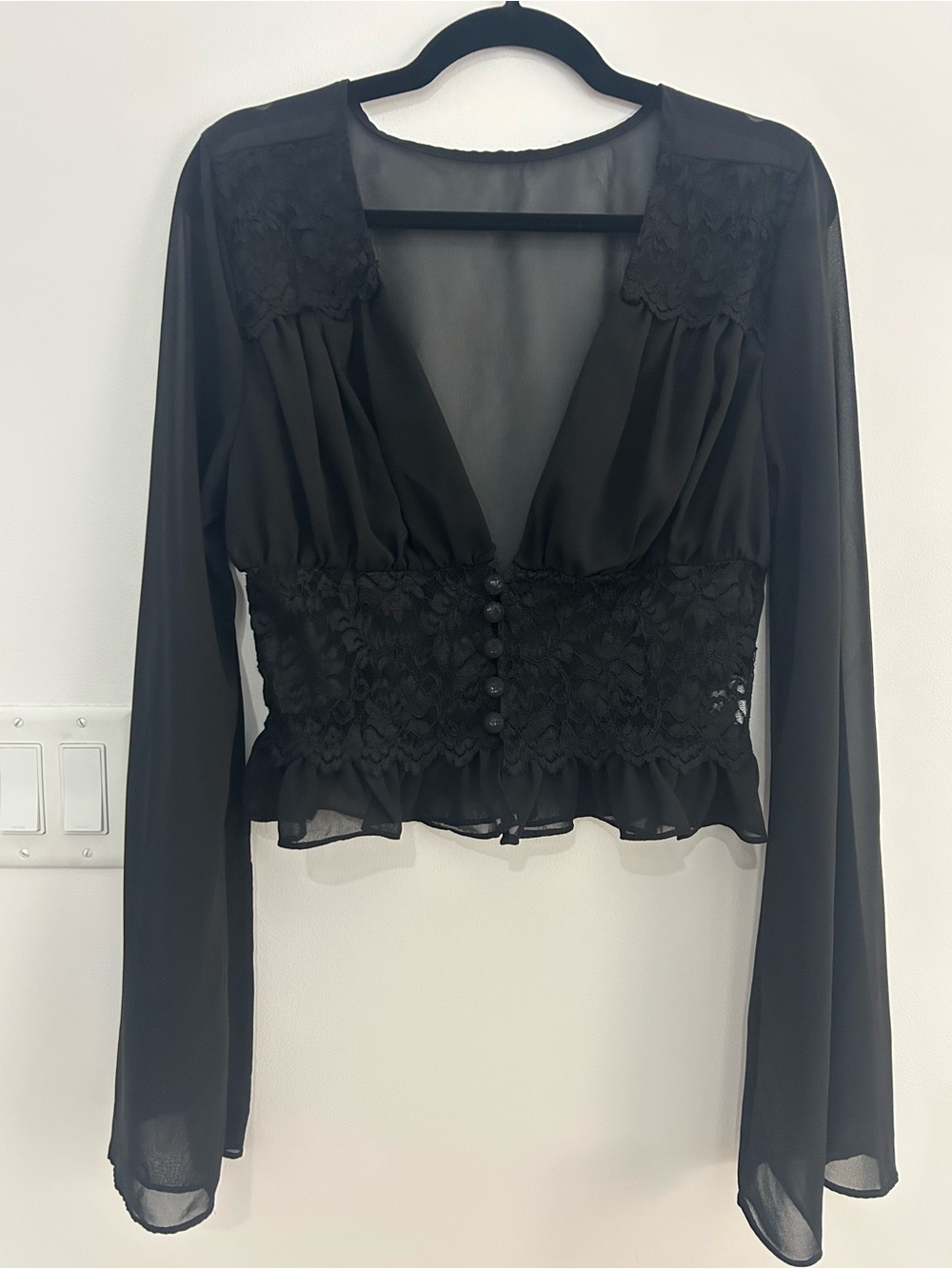 Black Lace Chiffon Blouse Women’s XL Whimsigoth Romantic Goth Bell Sleeve Top